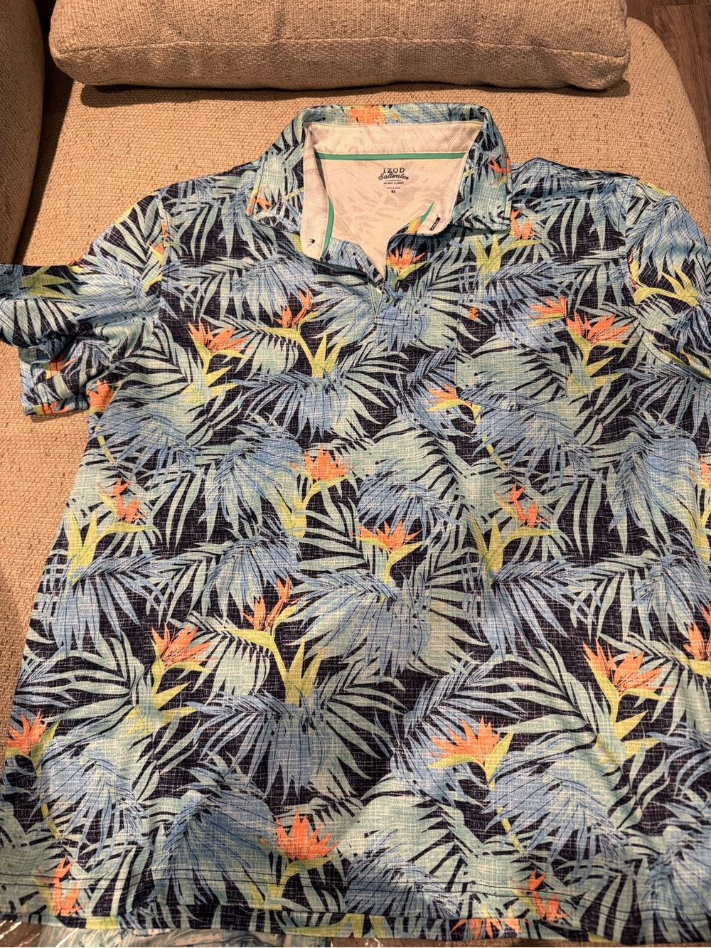 Izod Men’s Navy Polo with Blue Tropical Leaf and Orange Accents